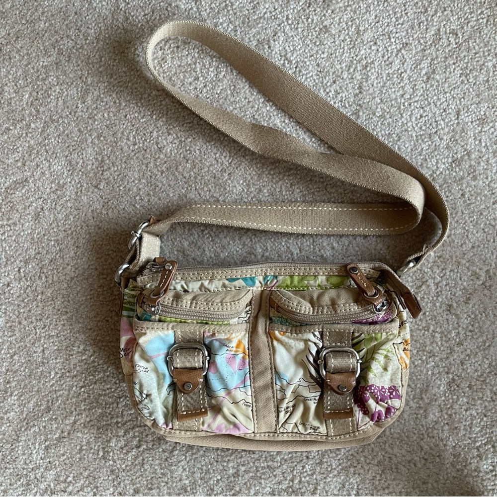 Vintage Fossil World Traveler Map Print Canvas Crossbody Bag